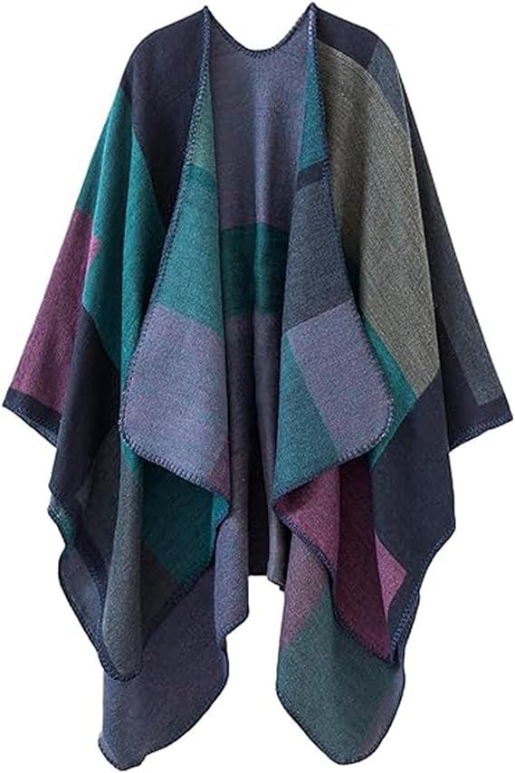 Women's Color Block Shawl Wraps, Reversible Open Front Poncho Cape for Women, Oversized Casual Cardigan Shawls for Fall Winter