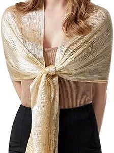 Sparkling Shawl with Fringes, Pashmina for Weddings, Bridal, Bridesmaids, Evening Party, Gold Thin Shawl, Fashion Headscarf, Silky Oversized Scarf 45cm Wide (Beige Gold Wire)