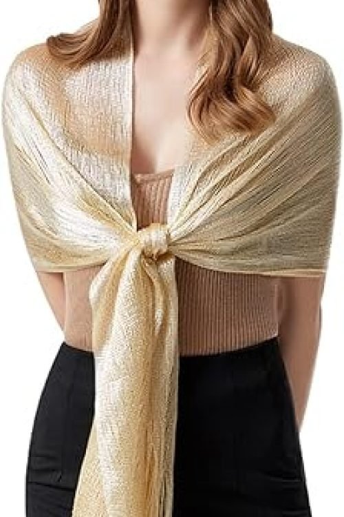 Sparkling Shawl with Fringes, Pashmina for Weddings, Bridal, Bridesmaids, Evening Party, Gold Thin Shawl, Fashion Headscarf, Silky Oversized Scarf 45cm Wide (Beige Gold Wire)