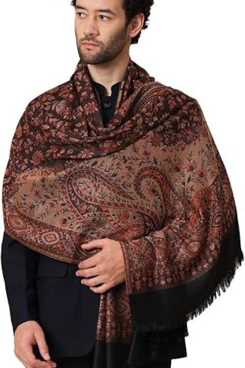 Zamour Large Jacquard Woven Indian Shawl Wrap for Men, Light Weight, Traditional Floral Jaal Patterns Black