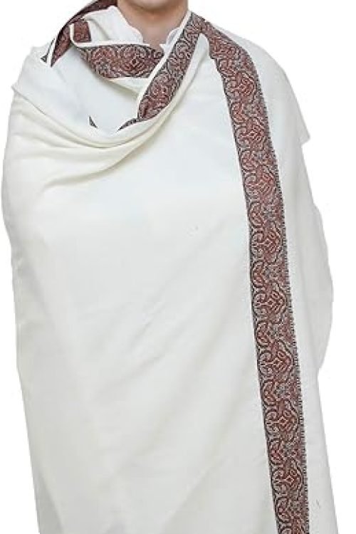 Exotic India Plain Men’s Shawl with Brown Woven Border