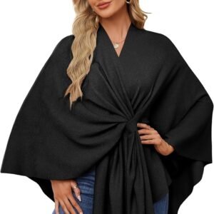 Women's Elegant Shawl Wraps, Soft Open Front Poncho Sweater, Wool Touch Silky Shawl and Wrap, Black Shawl for Evening Dresses, Spring Fall Winter (Classic Black)