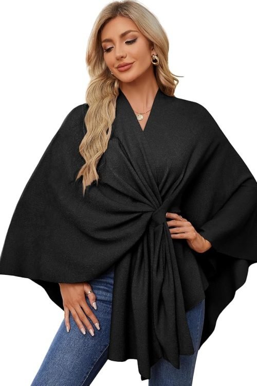 Women’s Elegant Shawl Wraps, Soft Open Front Poncho Sweater, Wool Touch Silky Shawl and Wrap, Black Shawl for Evening Dresses, Spring Fall Winter (Classic Black)