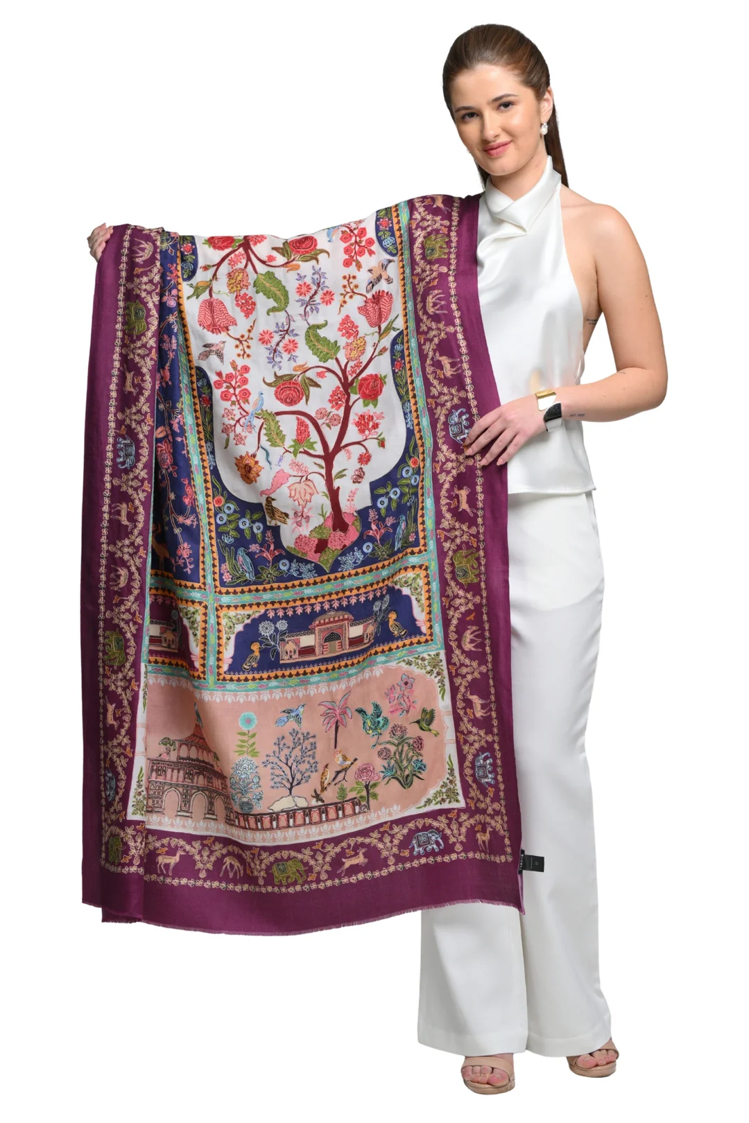Taroob Shahi Darbar Wool Kalamkari Shawl