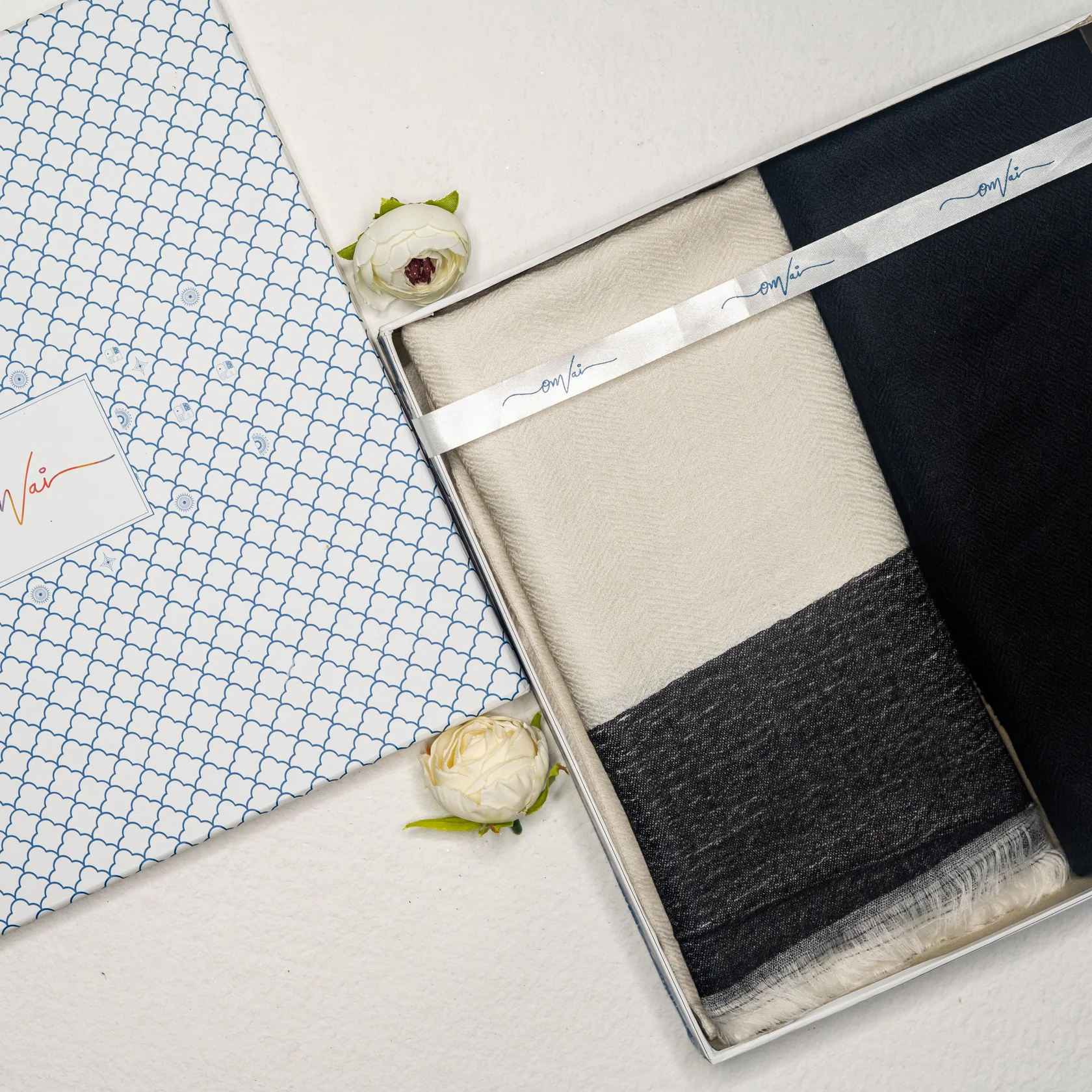 Patterned Pashmina Wrap and Solid Pashmina Combo Gift Set in Pure wool (Set of 2 - For HIM and for HER)