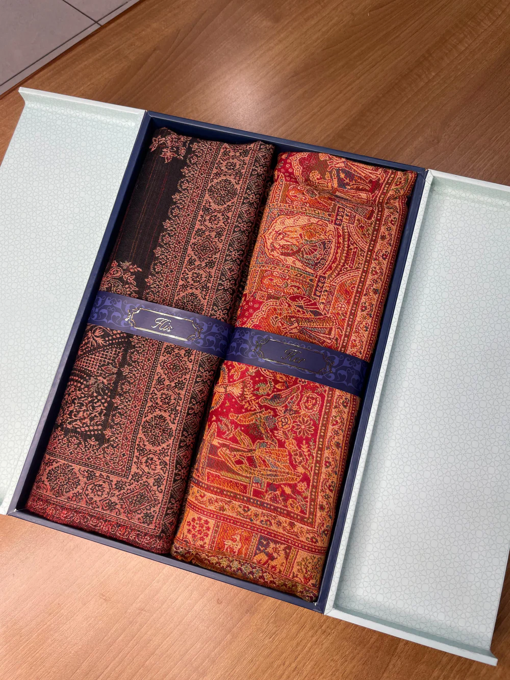 His and Her Gift Set of Jamavar Shawls With Wooden Gift Box