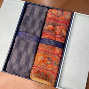 His and Her Gift Set of 100% Pure Wool Check Stole and Zari Kaani Shawl With Wooden Gift Box
