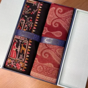 His and Her Gift Set of 100% Pure Wool Sozni Embroidered Shawl and Zari Kaani Shawl With Wooden Gift Box