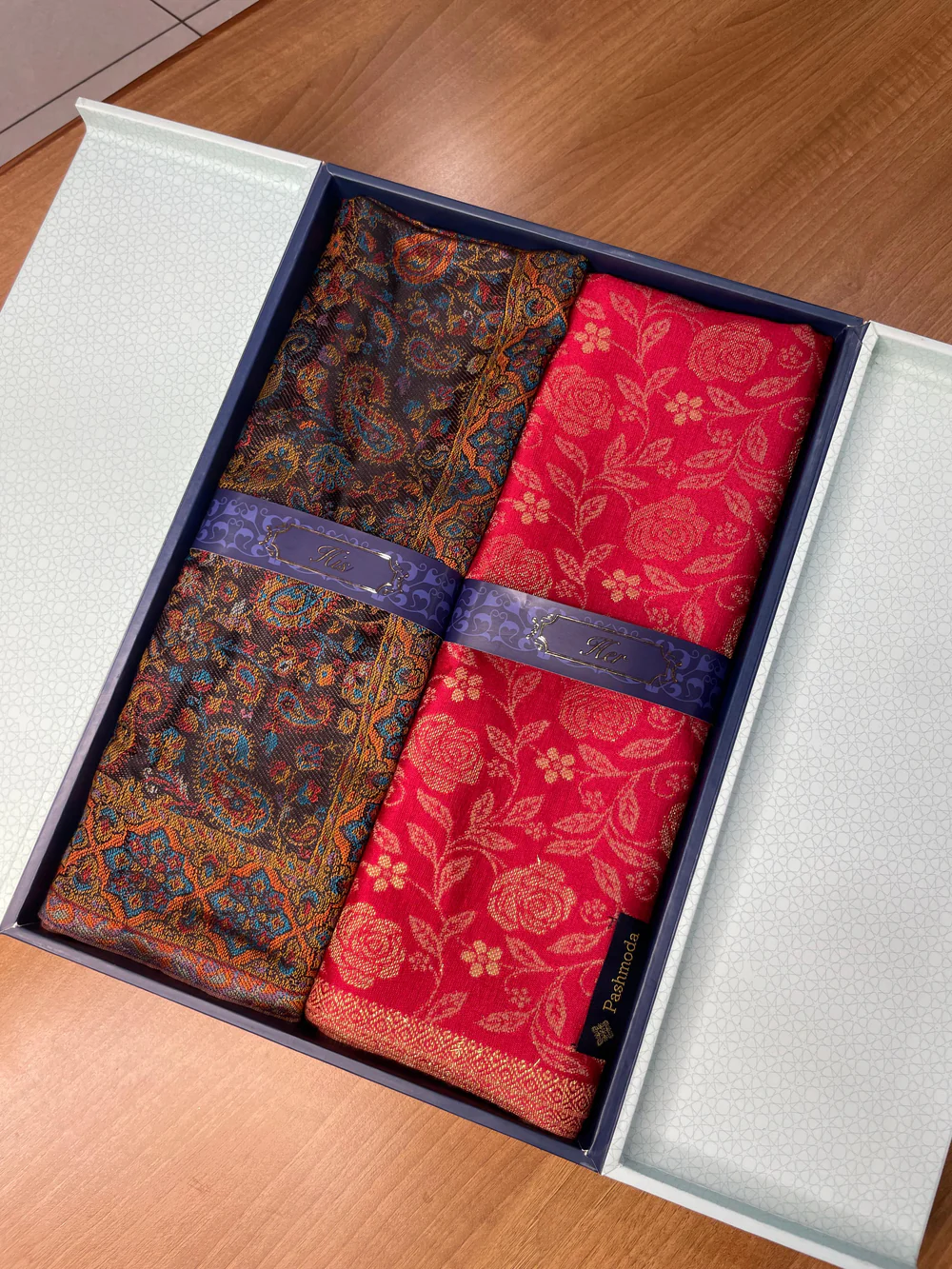 His and Her Gift Set of Kaani Stoles With Wooden Gift Box