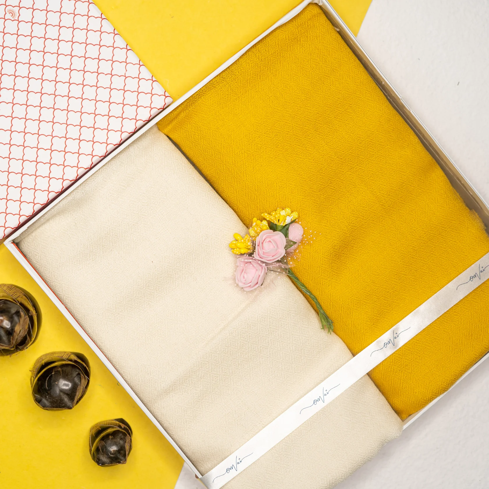 Ivory & Sunshine Yellow Solid Pashmina Shawl Combo Gift Set in Pure Cashmere wool (Set of 2 - For HIM and for HER)