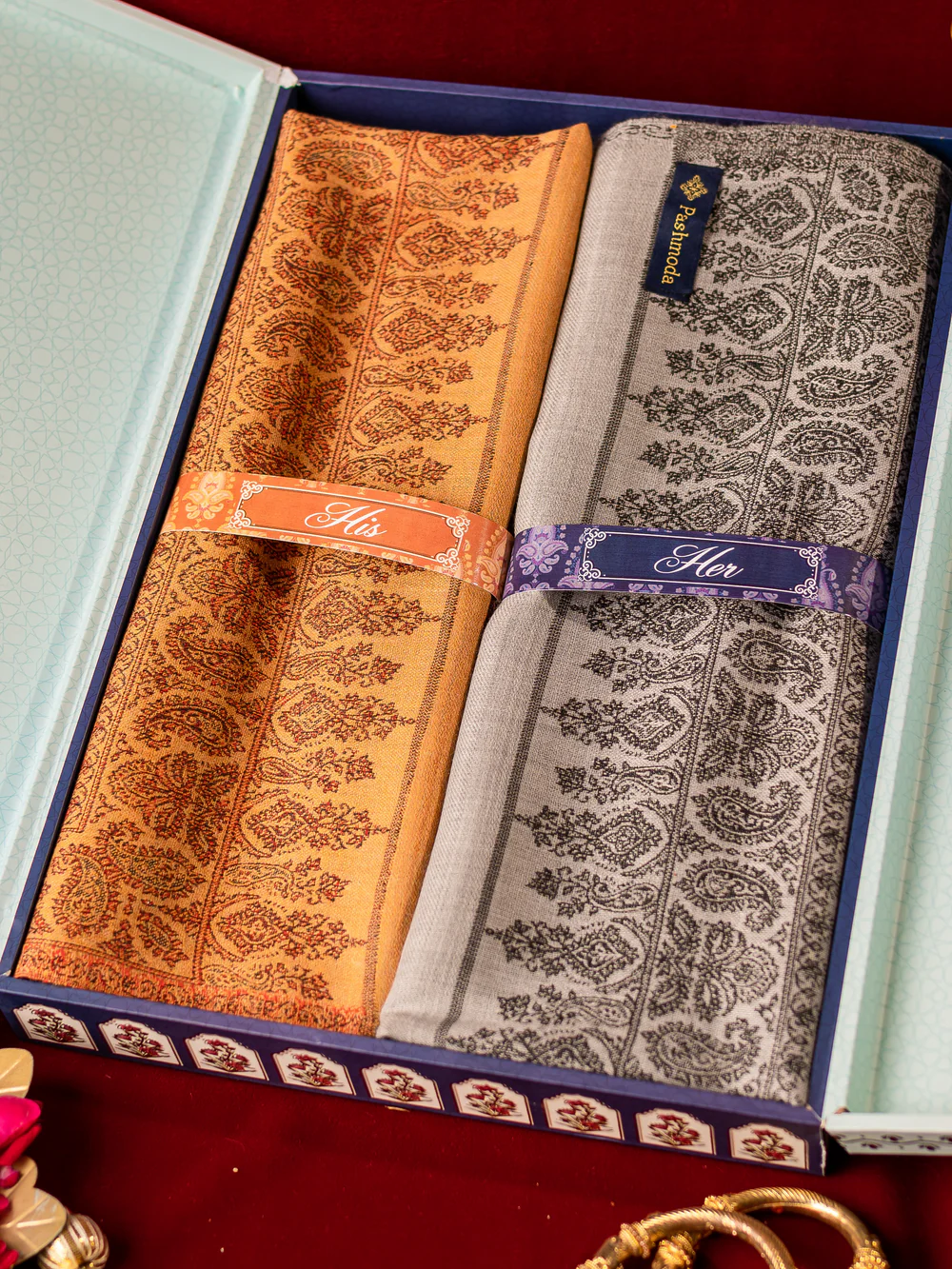 His and Her Gift Set of Jamawar Shawls With Wooden Gift Box