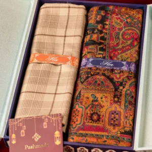 His and Her Gift Set of Checkered Lohi and Kaani shawl With Wooden Gift Box