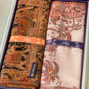 His and Her Gift Set of Jamawar Shawls With Wooden Gift Box