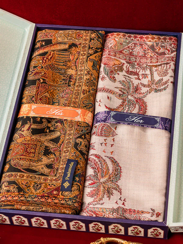 His and Her Gift Set of Jamawar Shawls With Wooden Gift Box