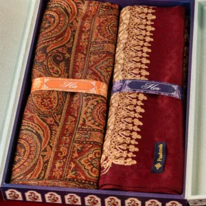 His and Her Gift Set of Jamawar Shawl and Embroidered Stole With Wooden Gift Box