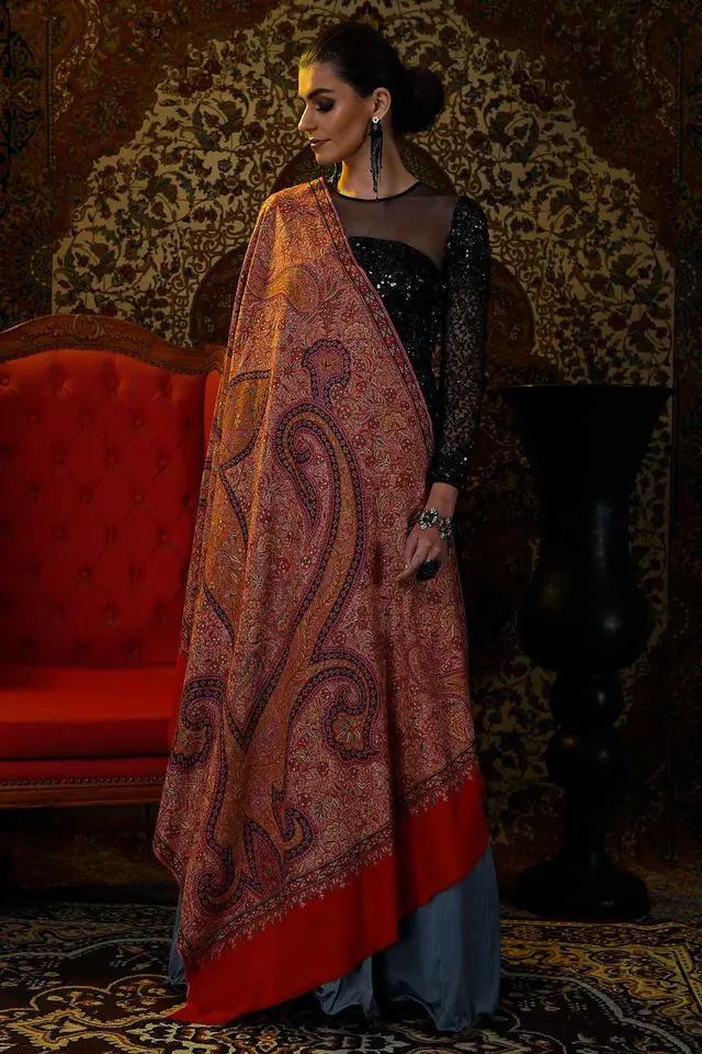 Hot Red Paisleyed Handmade Pashmina Shawl