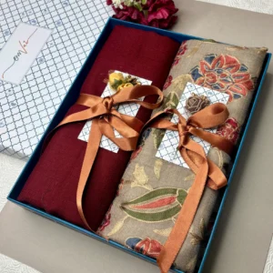 Embroidery Pashmina Stole Combo Gift Set in Pure Cashmere wool - Natural Embroidered Stole with Red Solid Stole (Set of 2 - For HIM and for HER)