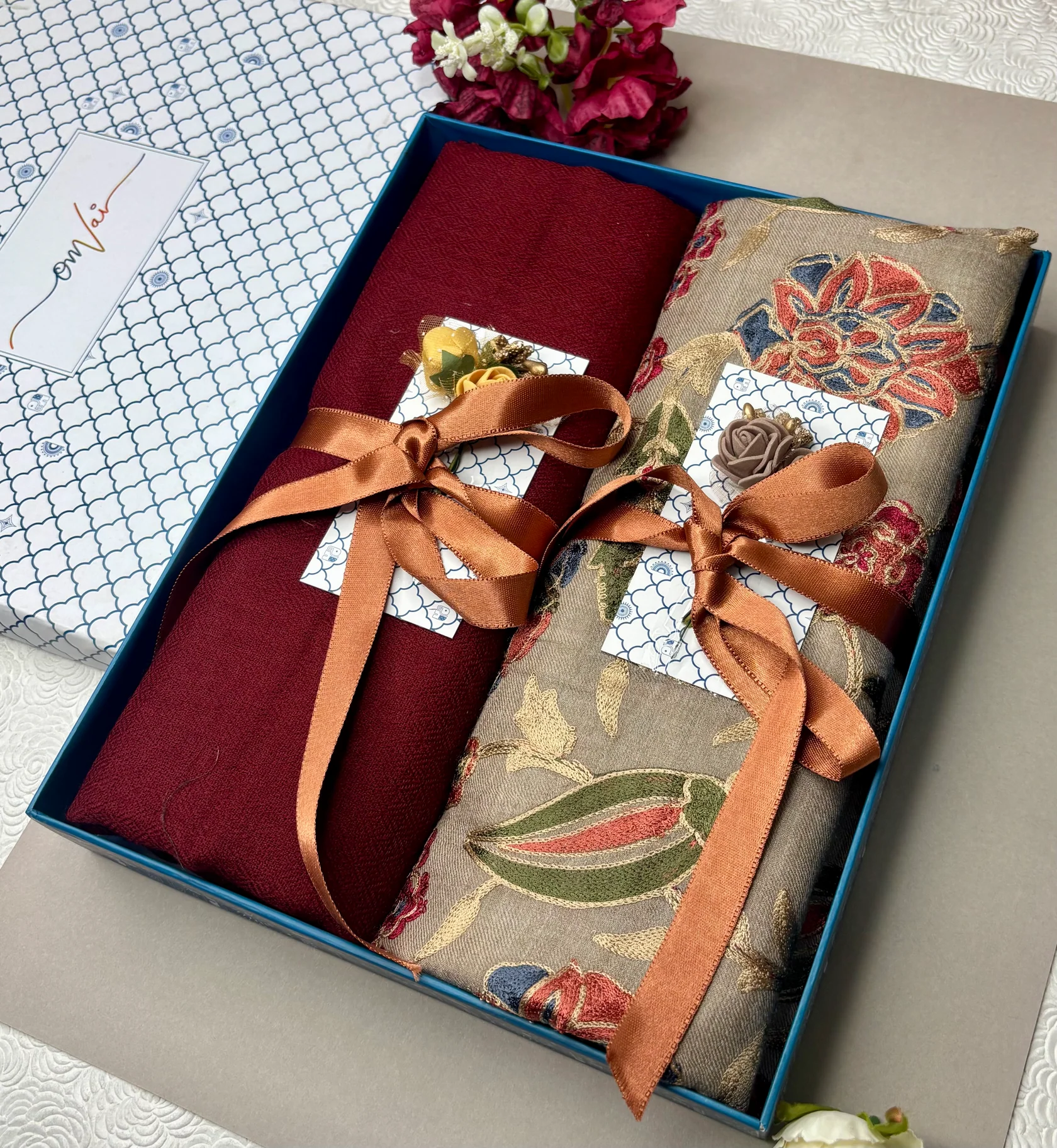 Embroidery Pashmina Stole Combo Gift Set in Pure Cashmere wool - Natural Embroidered Stole with Red Solid Stole (Set of 2 - For HIM and for HER)