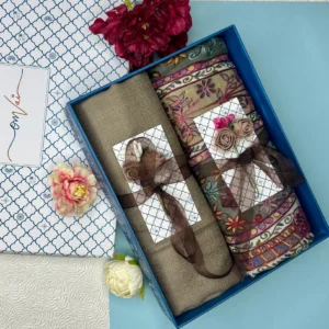 Pashmina Stole Combo Gift Set in Pure Cashmere wool - Natural Sand Kalamkari Kani with Embroidery and solid (Set of 2 - For HIM and for HER)