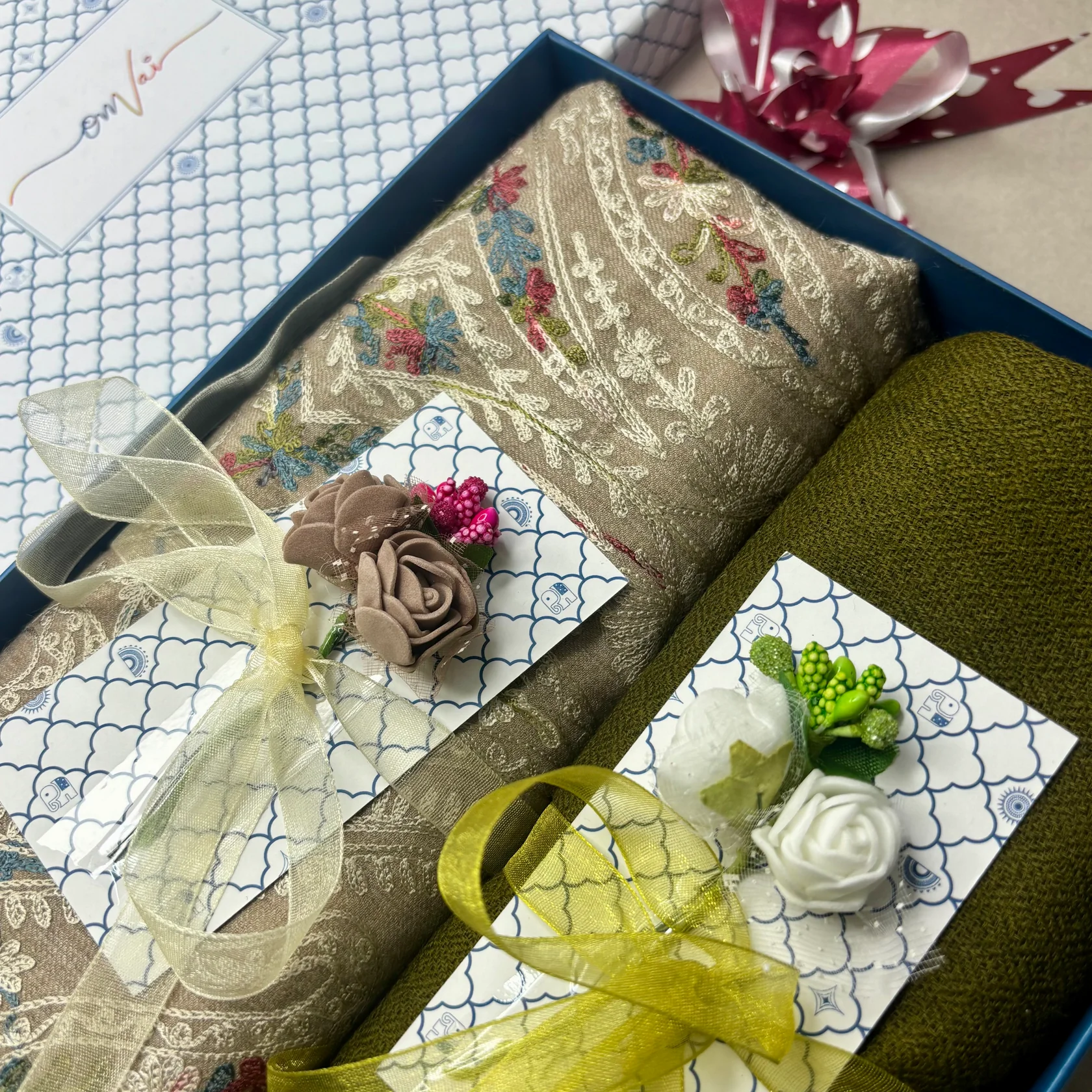 Embroidery Pashmina Stole Combo Gift Set in Pure Cashmere wool - Natural Sand Embroidered Stole with Sage Green Solid Stole (Set of 2 - For HIM and for HER)