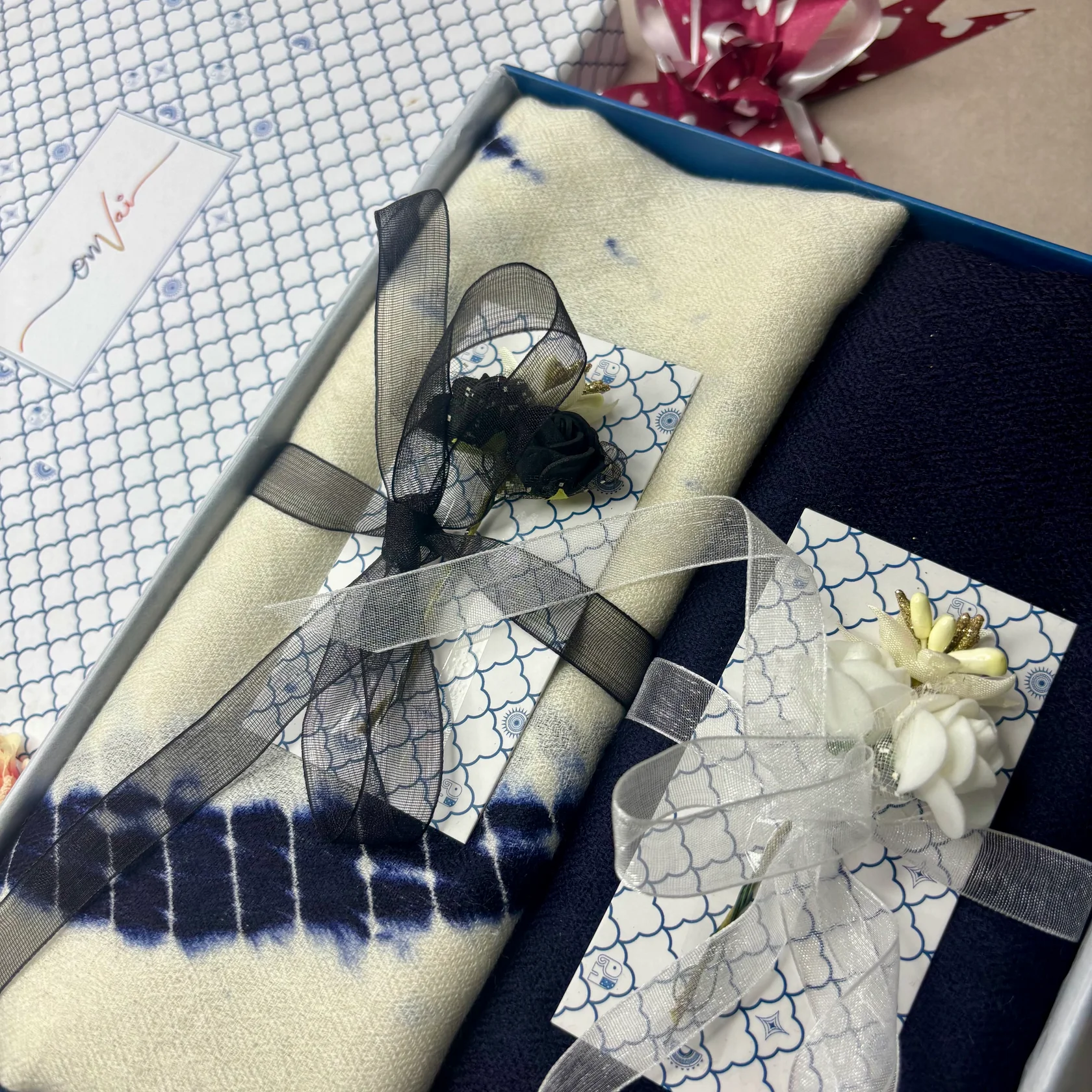 Hand Block Tie Dye Pashmina Stole Combo Gift Set in Pure Cashmere wool with Blue Solid Stole (Set of 2 - For HIM and for HER)