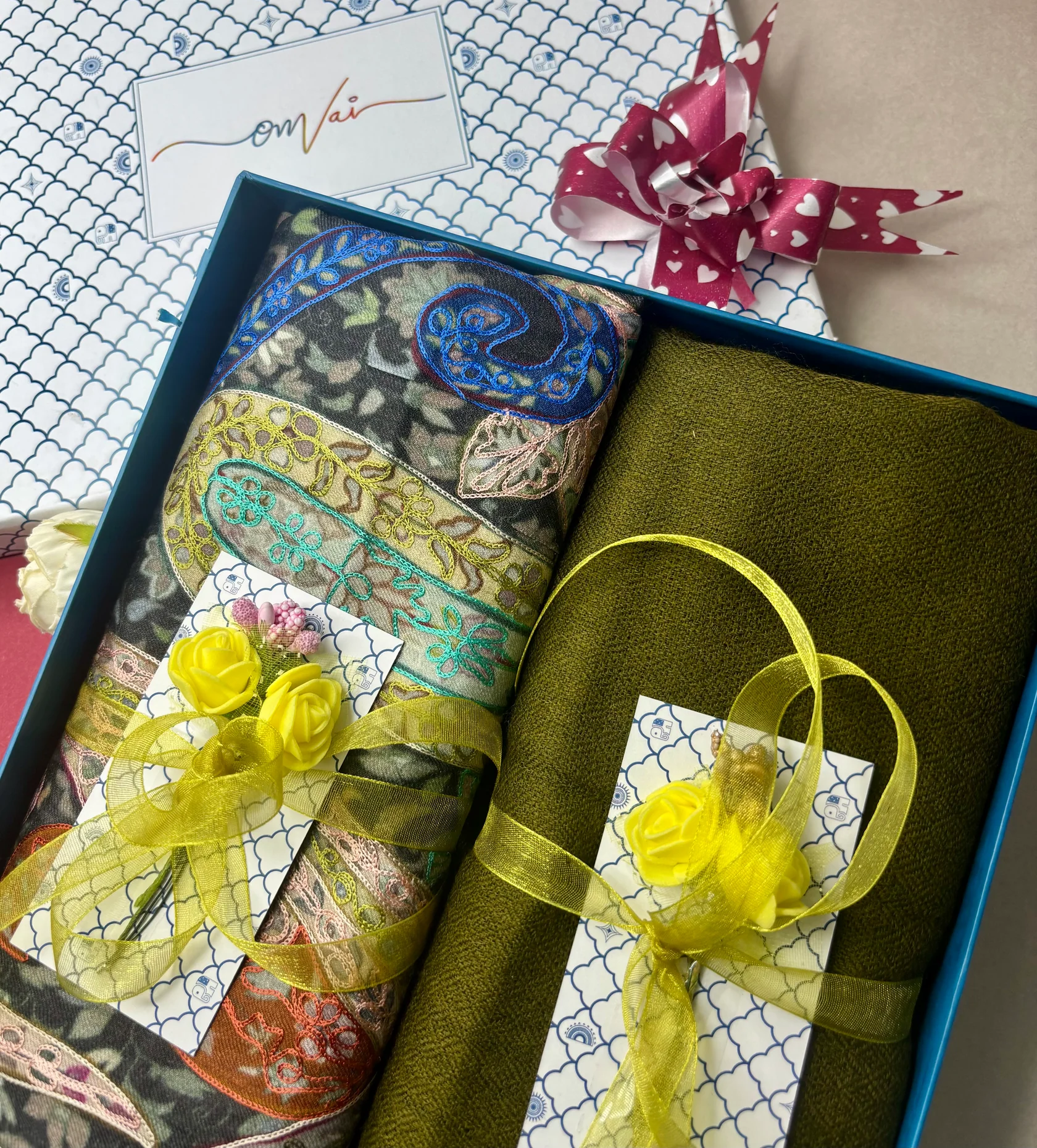 Pashmina Stole Combo Gift Set in Pure Cashmere wool - Sage Green Kalamkari Kani with Embroidery and solid (Set of 2 - For HIM and for HER)