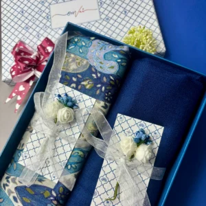 Pashmina Stole Combo Gift Set in Pure Cashmere wool - Steel Blue Kalamkari Kani with Embroidery and solid (Set of 2 - For HIM and for HER)