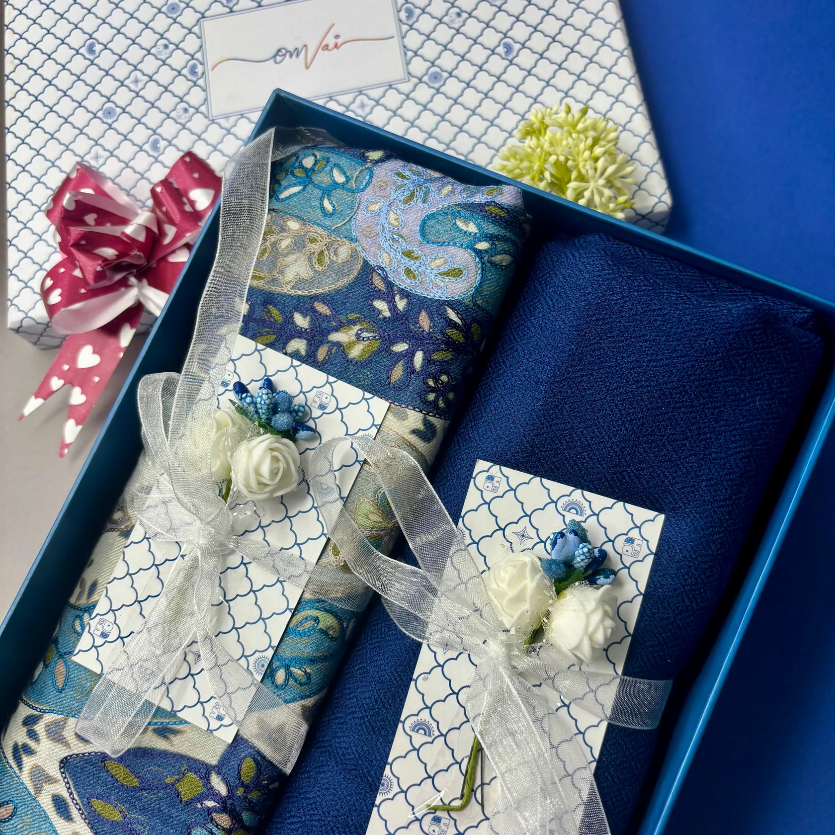 Pashmina Stole Combo Gift Set in Pure Cashmere wool - Steel Blue Kalamkari Kani with Embroidery and solid (Set of 2 - For HIM and for HER)