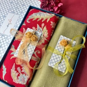 Red Embroidered Stole with Sage Green Solid Stole (Set of 2 - For HIM and for HER)