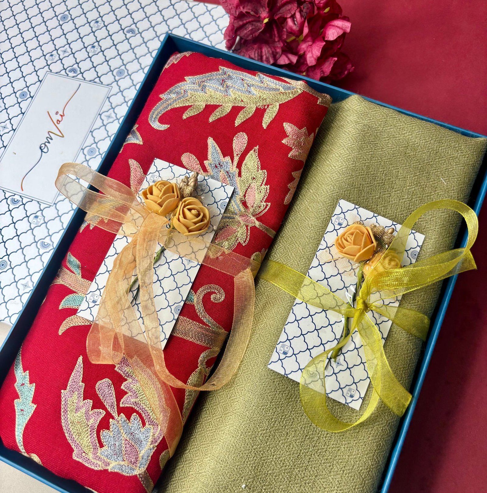 Red Embroidered Stole with Sage Green Solid Stole (Set of 2 - For HIM and for HER)