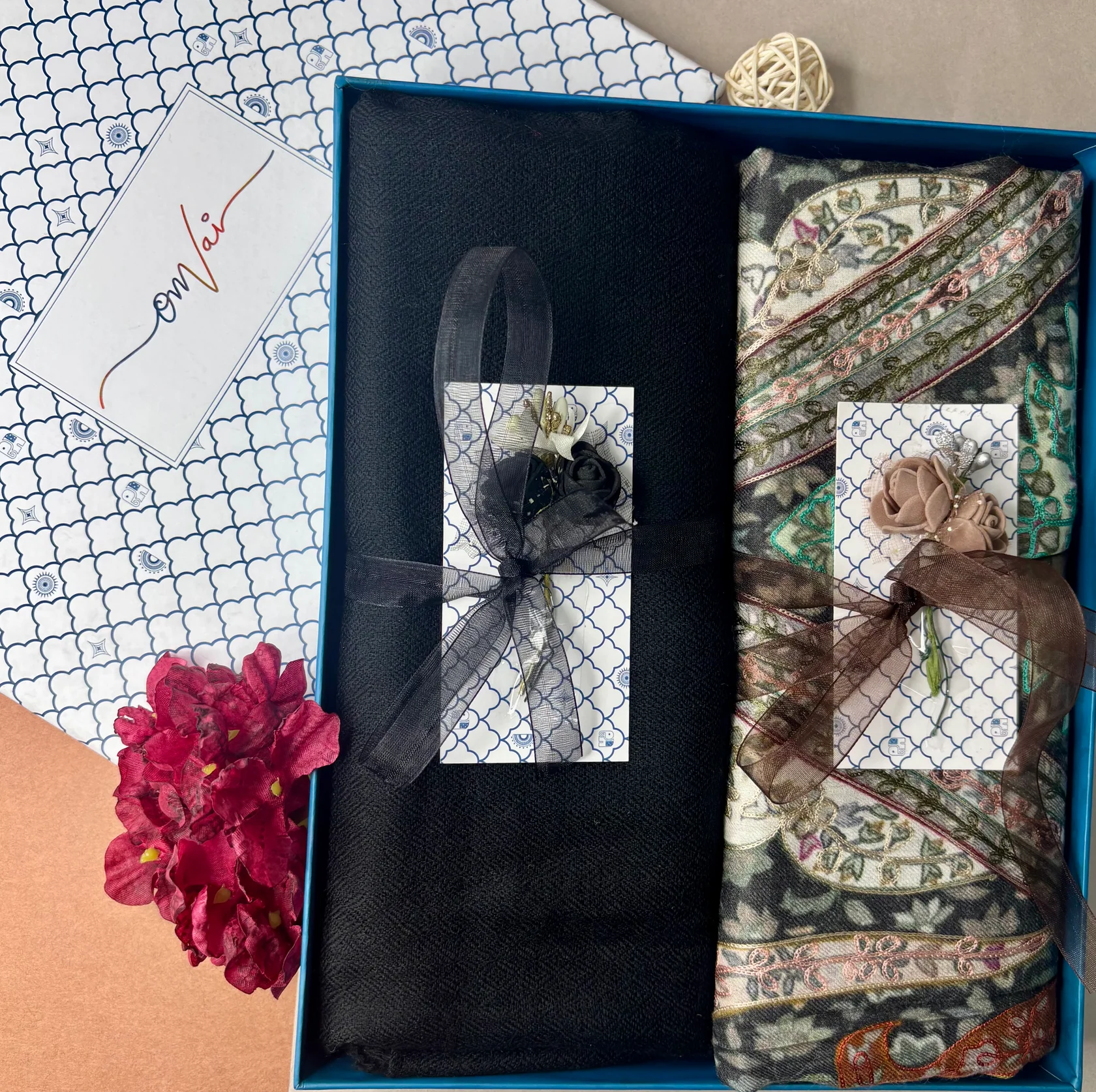 Pashmina Stole Combo Gift Set in Pure Cashmere wool - Black Kalamkari Kani with Embroidery and solid (Set of 2 - For HIM and for HER)