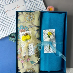 Embroidery Pashmina Stole Combo Gift Set in Pure Cashmere wool - Artichoke Embroidered Stole with Powder Blue Solid Stole (Set of 2 - For HIM and for HER)