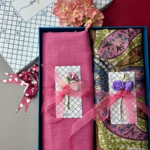 Pashmina Stole Combo Gift Set in Pure Cashmere wool - Pretty Pink Kalamkari Kani with Embroidery and solid (Set of 2 - For HIM and for HER)