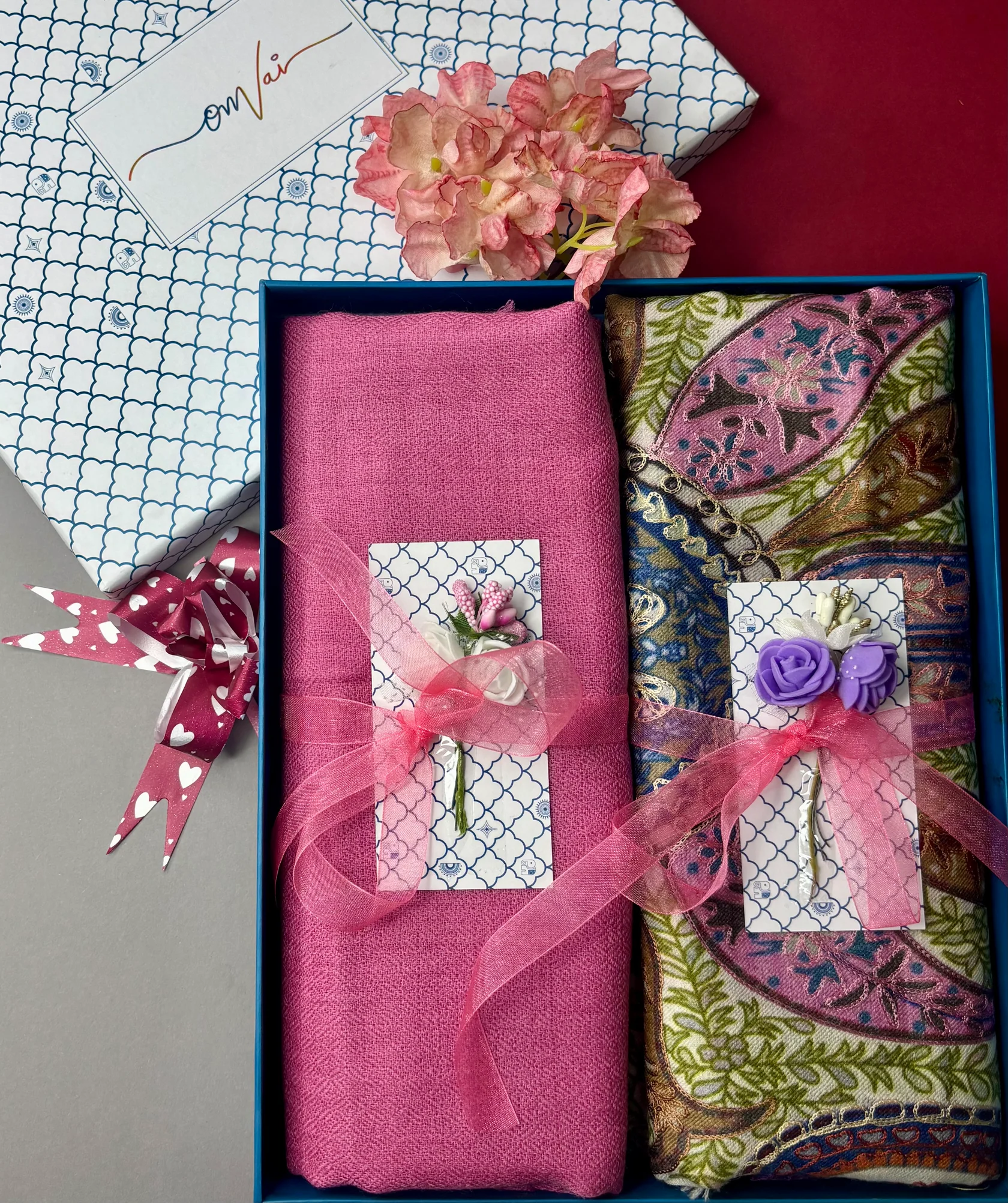 Pashmina Stole Combo Gift Set in Pure Cashmere wool - Pretty Pink Kalamkari Kani with Embroidery and solid (Set of 2 - For HIM and for HER)