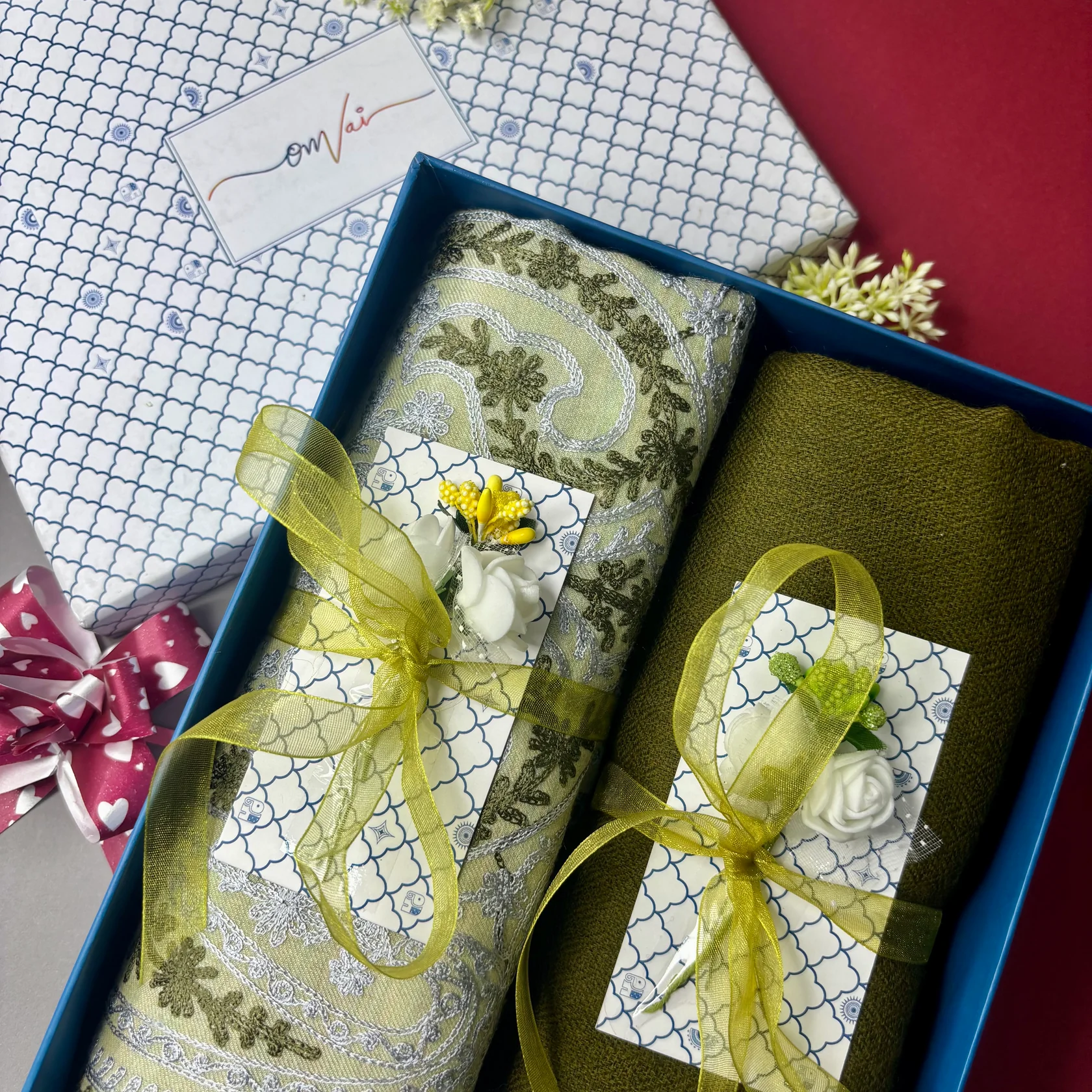 Embroidery Pashmina Stole Combo Gift Set in Pure Cashmere wool - Artichoke Embroidered Stole with Sage Green Solid Stole (Set of 2 - For HIM and for HER)