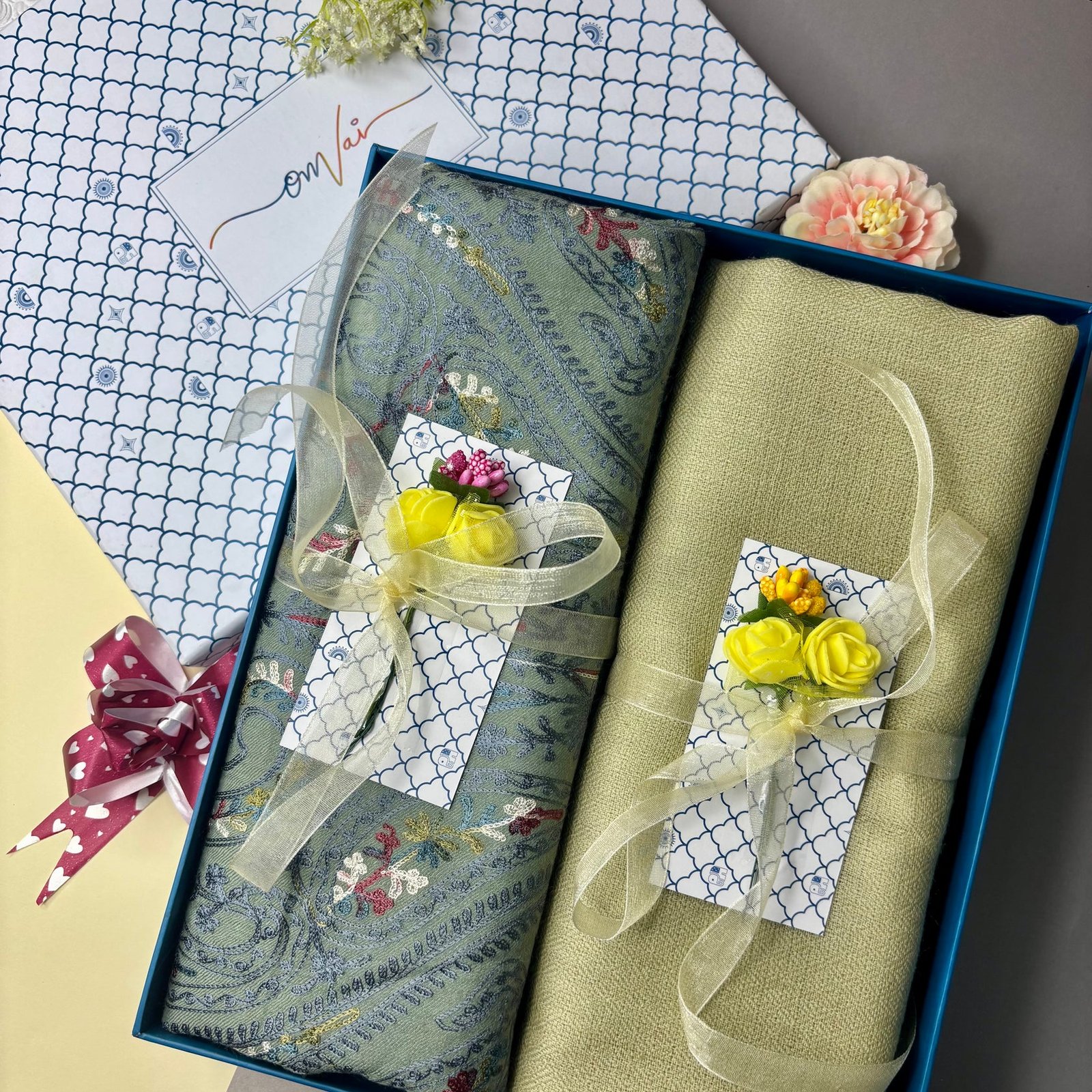 Embroidery Pashmina Stole Combo Gift Set in Pure Cashmere wool - Sage Embroidered Stole with Artichoke Solid Stole (Set of 2 - For HIM and for HER)