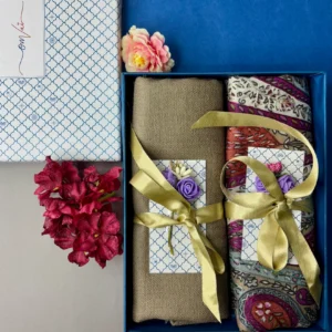 Pashmina Stole Combo Gift Set in Pure Cashmere wool - Clay Kalamkari Kani with Embroidery and solid (Set of 2 - For HIM and for HER)