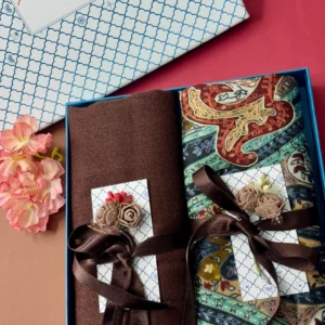 Pashmina Stole Combo Gift Set in Pure Cashmere wool - Chocolate Kalamkari Kani with Embroidery and solid (Set of 2 - For HIM and for HER)
