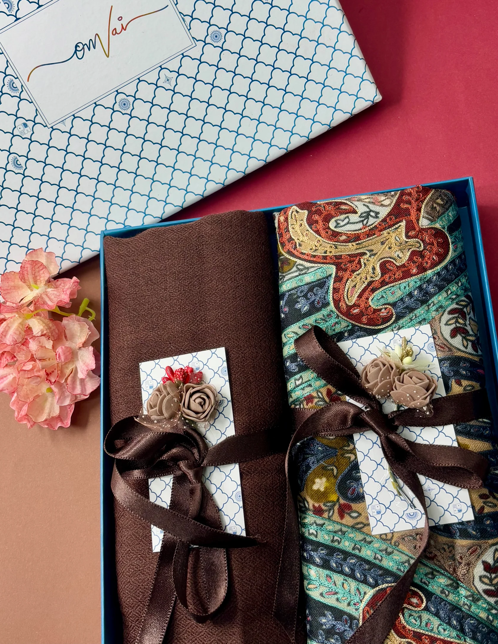 Pashmina Stole Combo Gift Set in Pure Cashmere wool - Chocolate Kalamkari Kani with Embroidery and solid (Set of 2 - For HIM and for HER)