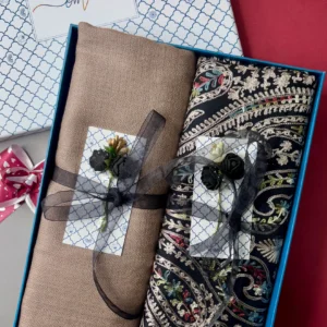 Embroidery Pashmina Stole Combo Gift Set in Pure Cashmere wool - Black Embroidered Stole with Clay Solid Stole (Set of 2 - For HIM and for HER)