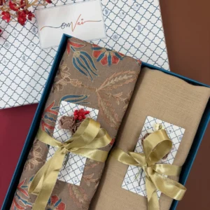 Embroidery Pashmina Stole Combo Gift Set in Pure Cashmere wool - Caramel Embroidered Stole with Beige Solid Stole (Set of 2 - For HIM and for HER)