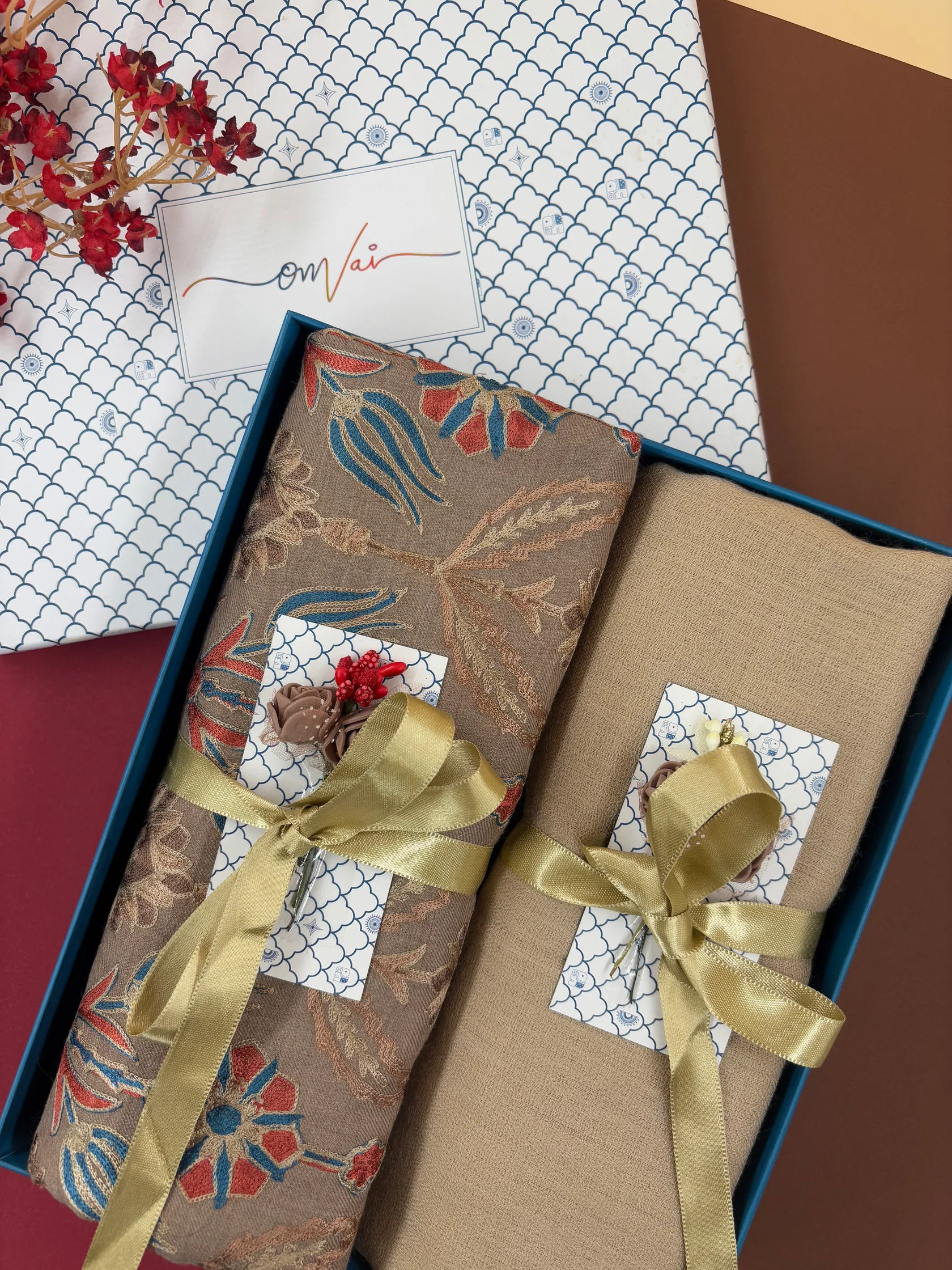 Embroidery Pashmina Stole Combo Gift Set in Pure Cashmere wool - Caramel Embroidered Stole with Beige Solid Stole (Set of 2 - For HIM and for HER)