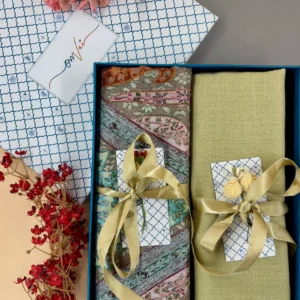 Pashmina Stole Combo Gift Set in Pure Cashmere wool - Artichoke Kalamkari Kani with Embroidery and solid (Set of 2 - For HIM and for HER)