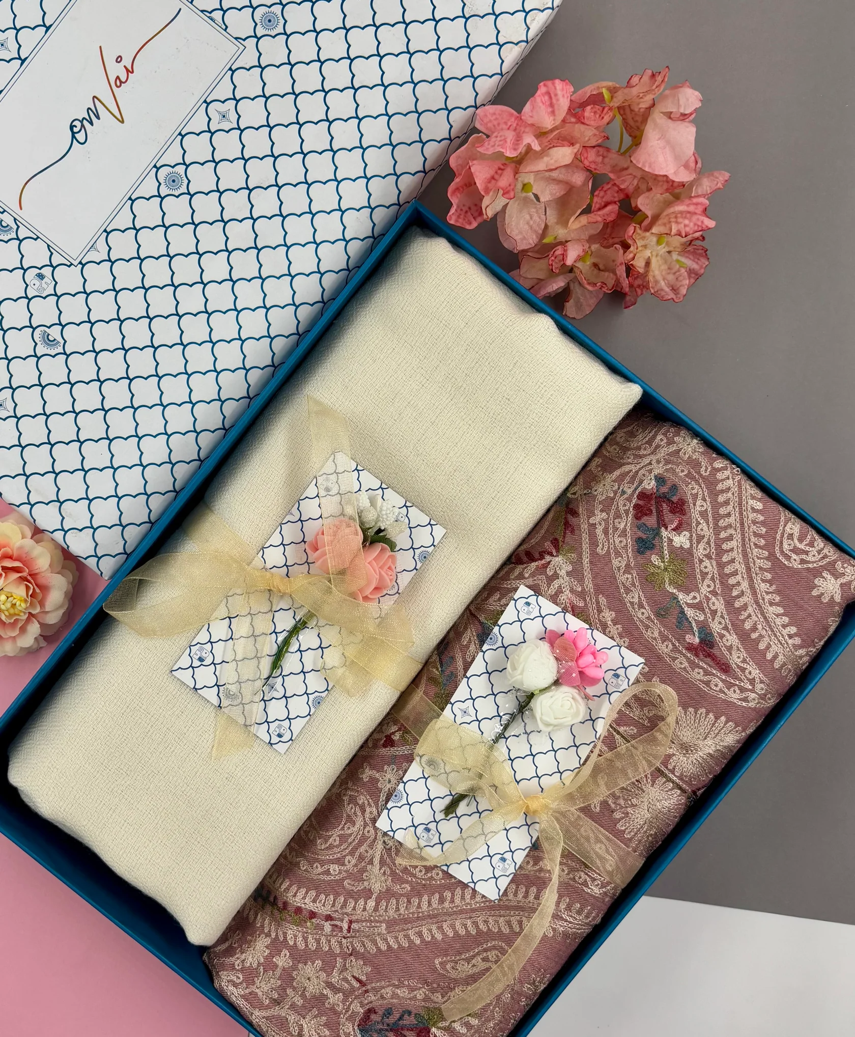 Embroidery Pashmina Stole Combo Gift Set in Pure Cashmere wool - Natural Embroidered Stole with Ivory Solid Stole (Set of 2 - For HIM and for HER)