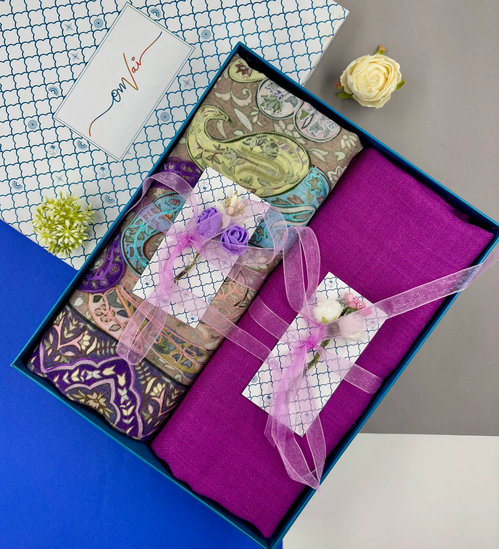 Pashmina Stole Combo Gift Set in Pure Cashmere wool - Purple Kalamkari Kani with Embroidery and solid (Set of 2 - For HIM and for HER)