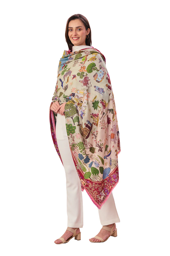 Taroob Women's Shikardar Embroiered Kalamkari Embroidered Shawl
